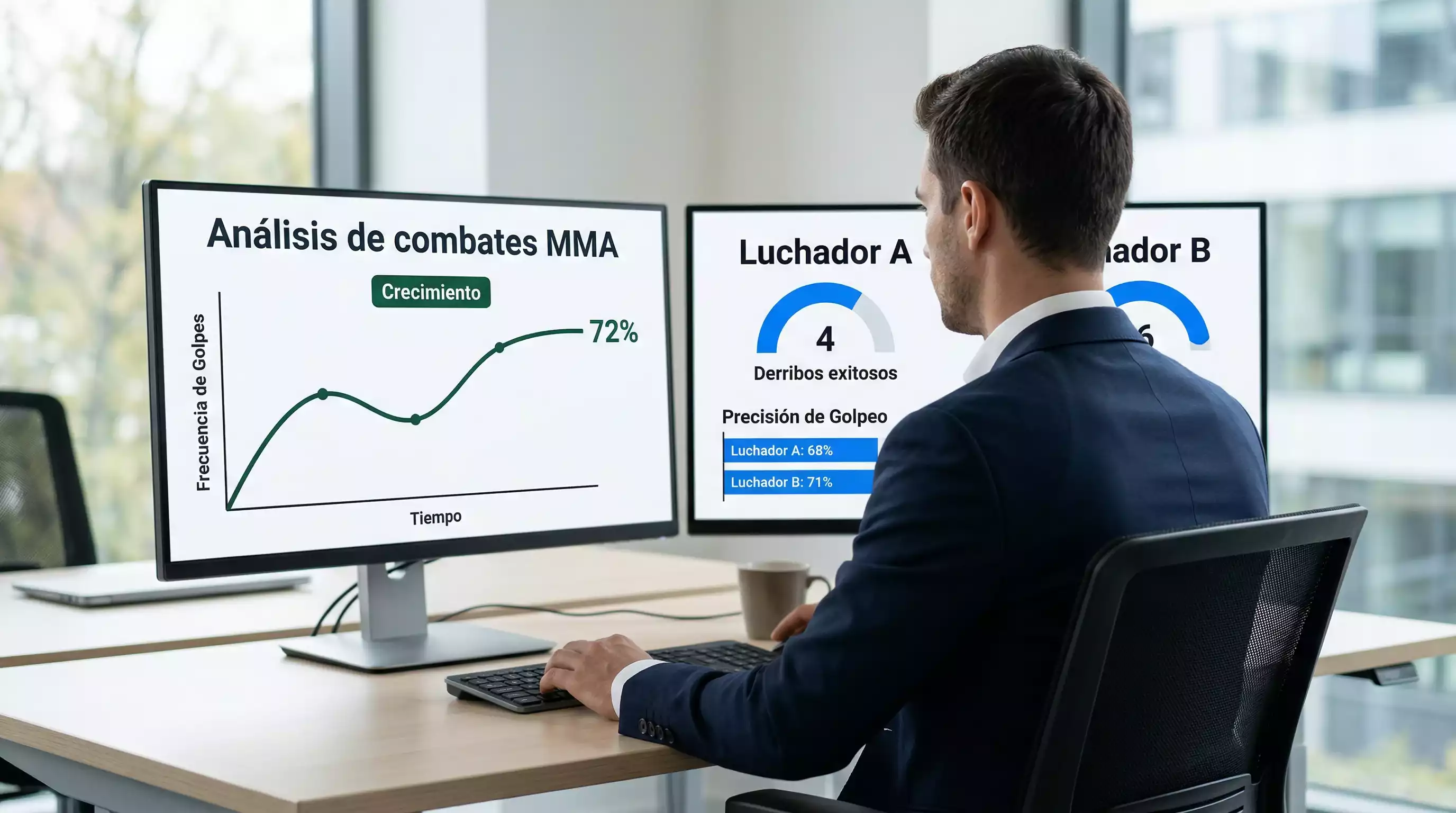 Analista revisando estadísticas de luchadores UFC en múltiples pantallas