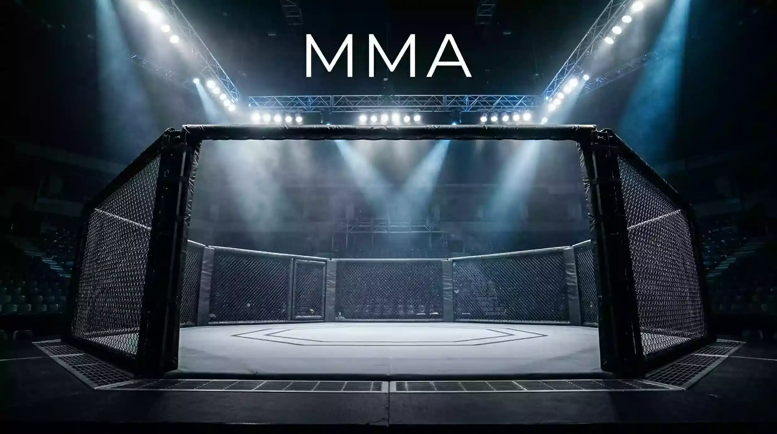 Octágono de UFC durante un combate con iluminación dramática