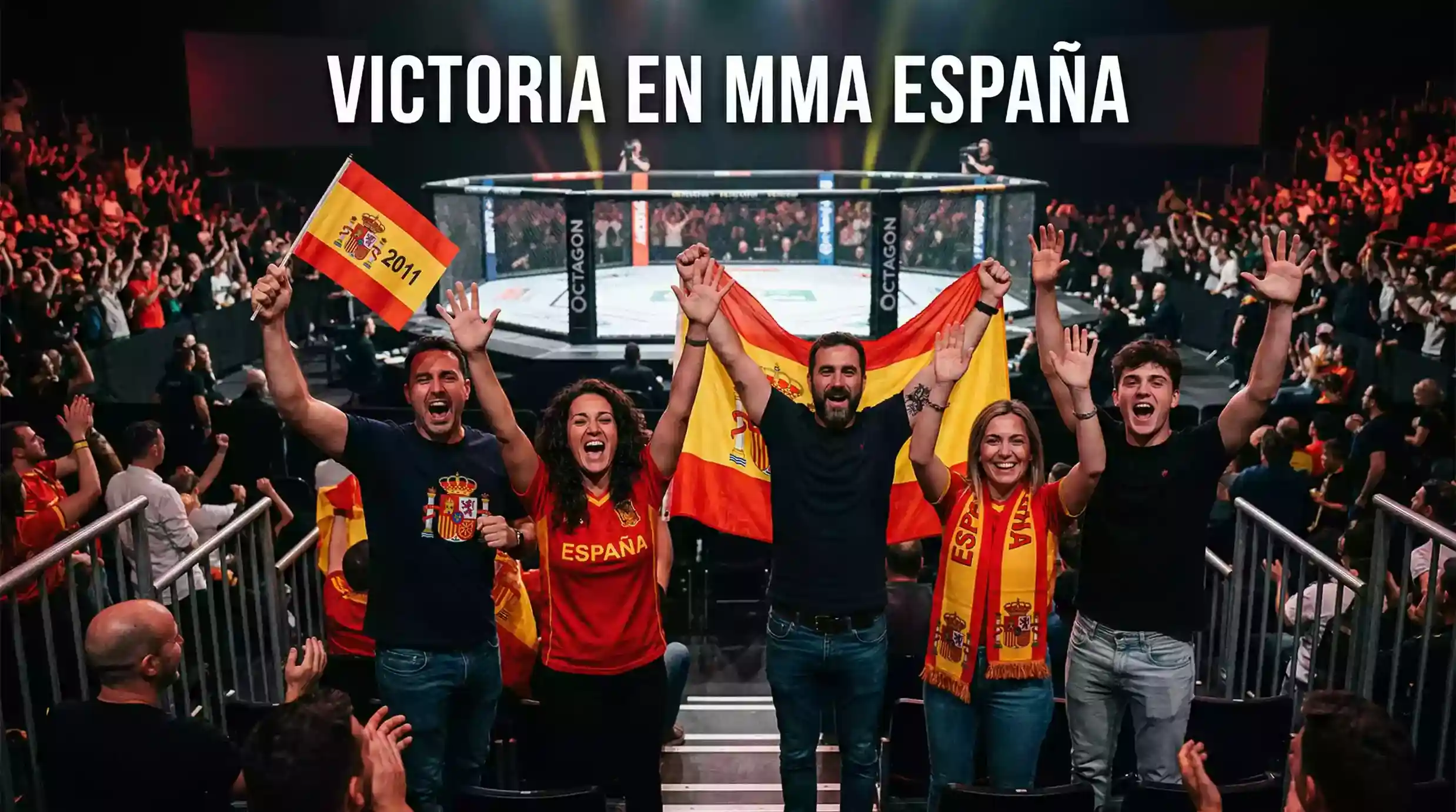 Celebración de victoria en combate de artes marciales mixtas con público español animando