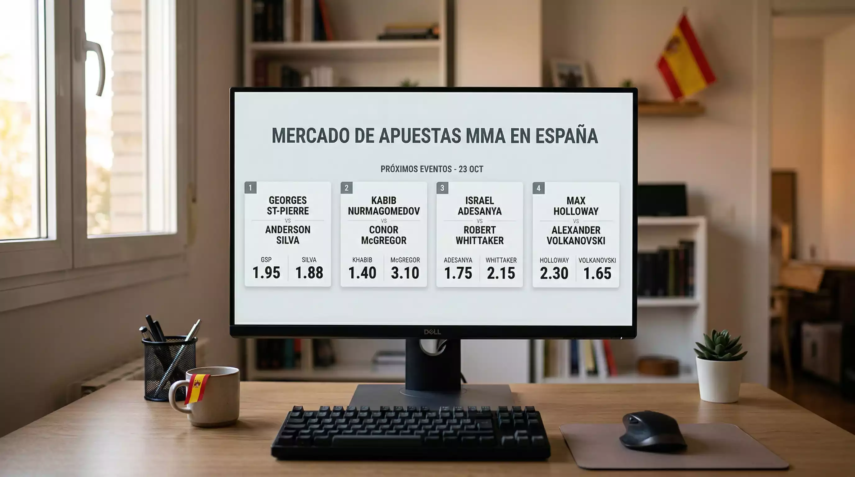 Pantalla de ordenador mostrando mercados de apuestas UFC con cuotas en formato decimal