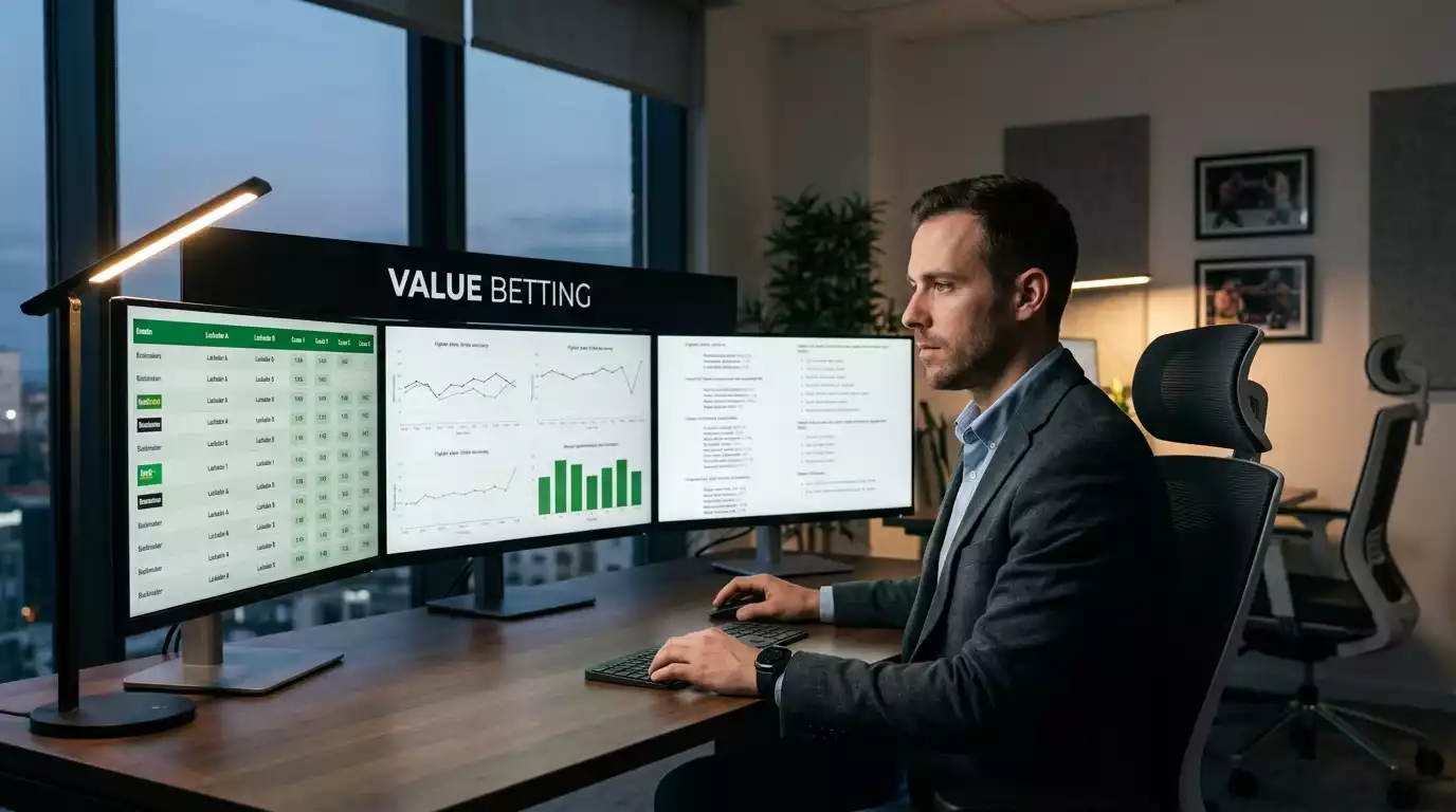 Analista revisando cuotas de UFC en multiples pantallas
